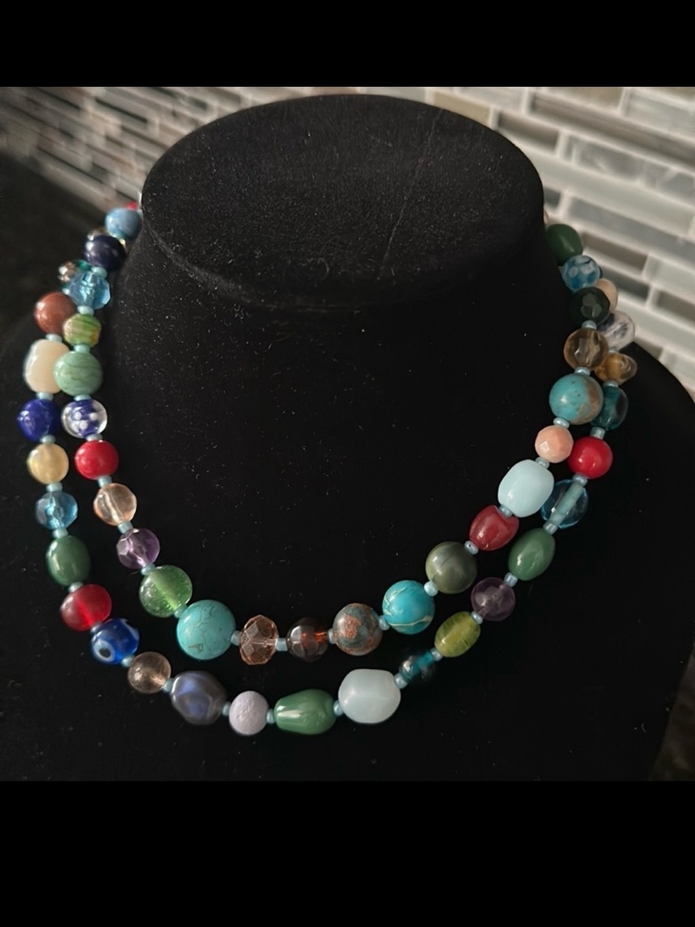 Glass Bead Colorful Double Strand Necklace 17” Boho Beach Statement Chunky